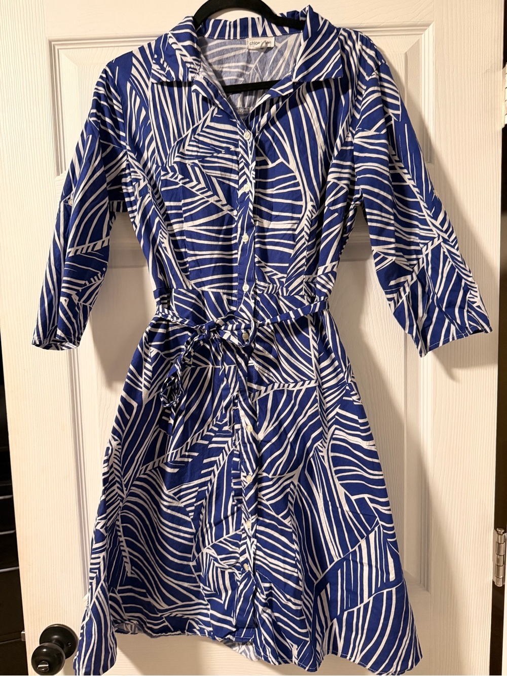 Blue & White Printed Button-Front Midi Dress with Tie Waist-worn once